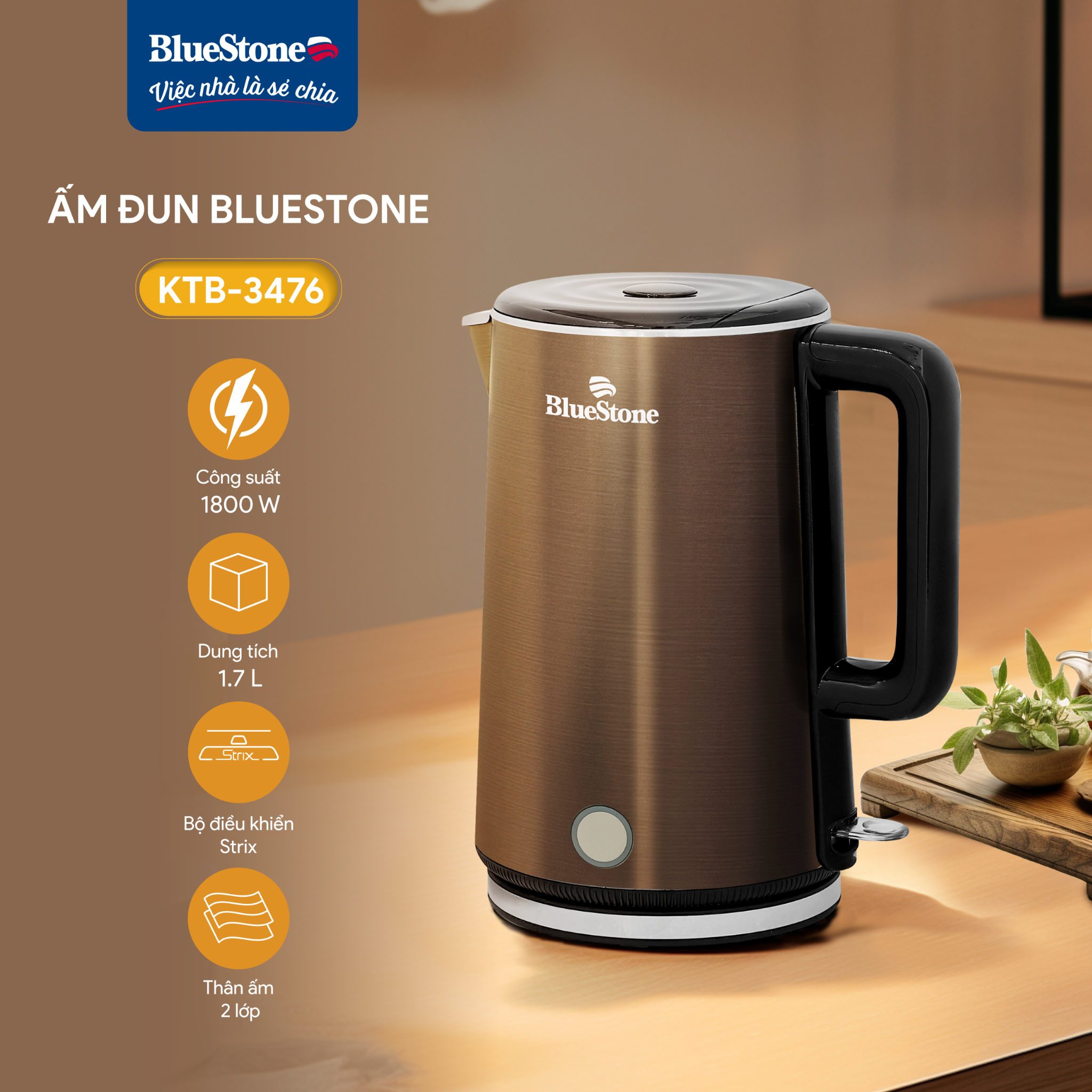 Ấm Đun Siêu Tốc BlueStone KTB-3476 1.7 Lít 1800W
