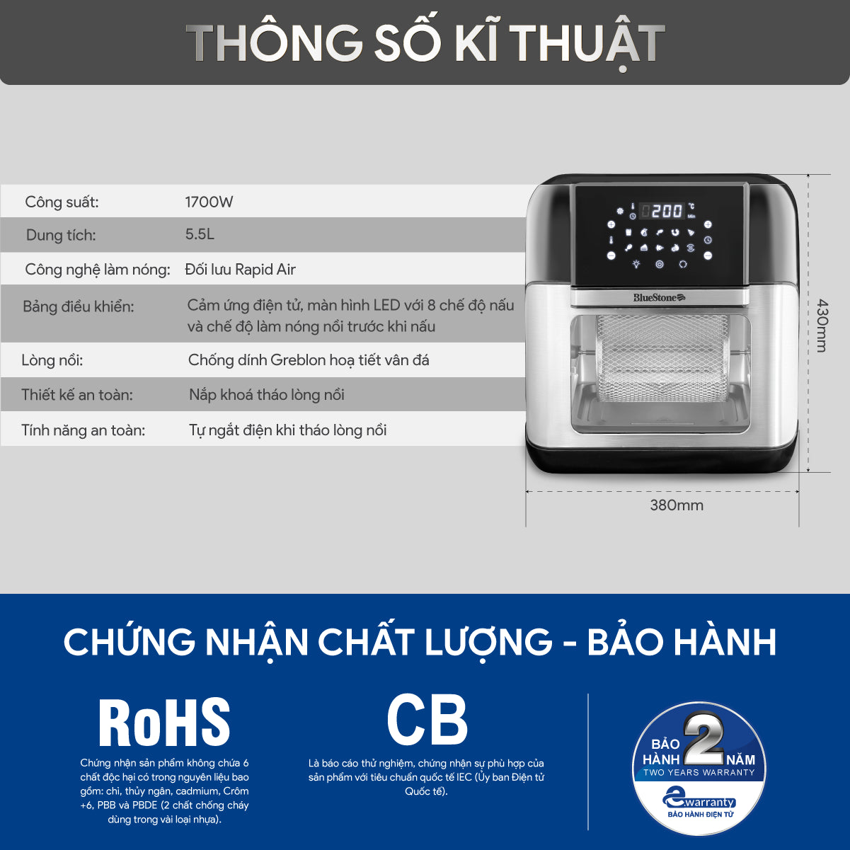 Nồi Chiên Không Dầu BlueStone AFB-5888 10 Lít 1800W