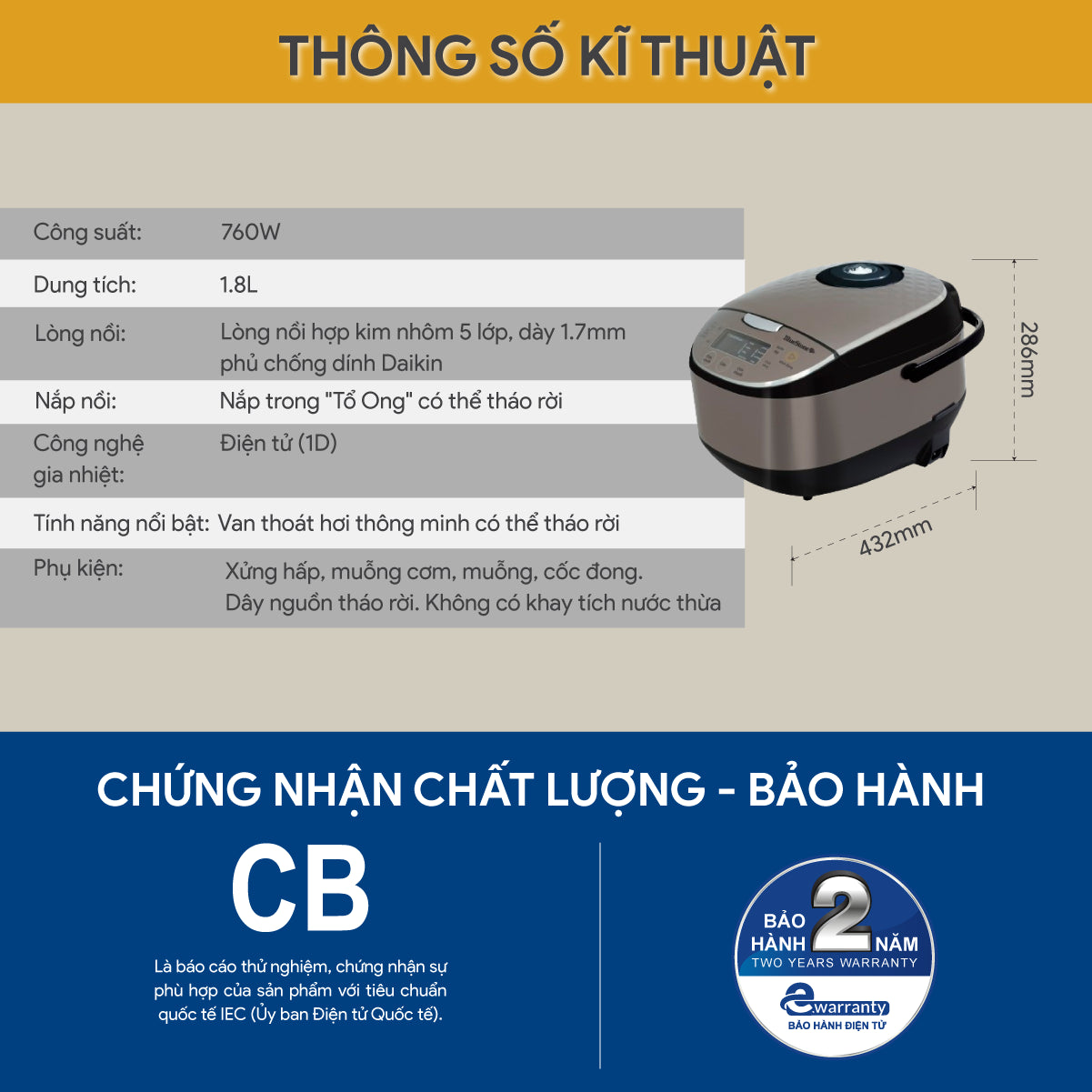 Nồi Cơm Điện Tử BlueStone RCB-5938 1.8 Lít 760W