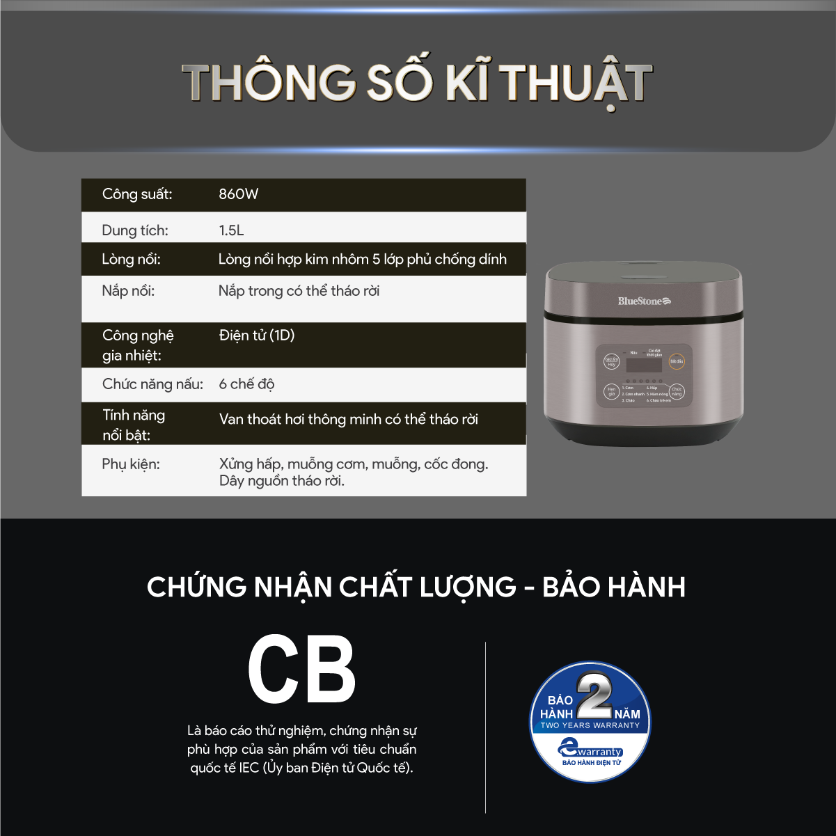 Nồi Cơm Điện Tử BlueStone RCB-5946 1.5 Lít 860W