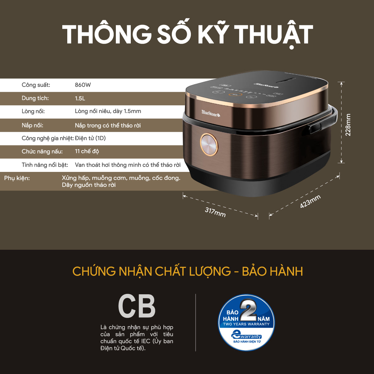 Nồi Cơm Điện Tử BlueStone RCB-5949 1.5 Lít 860W