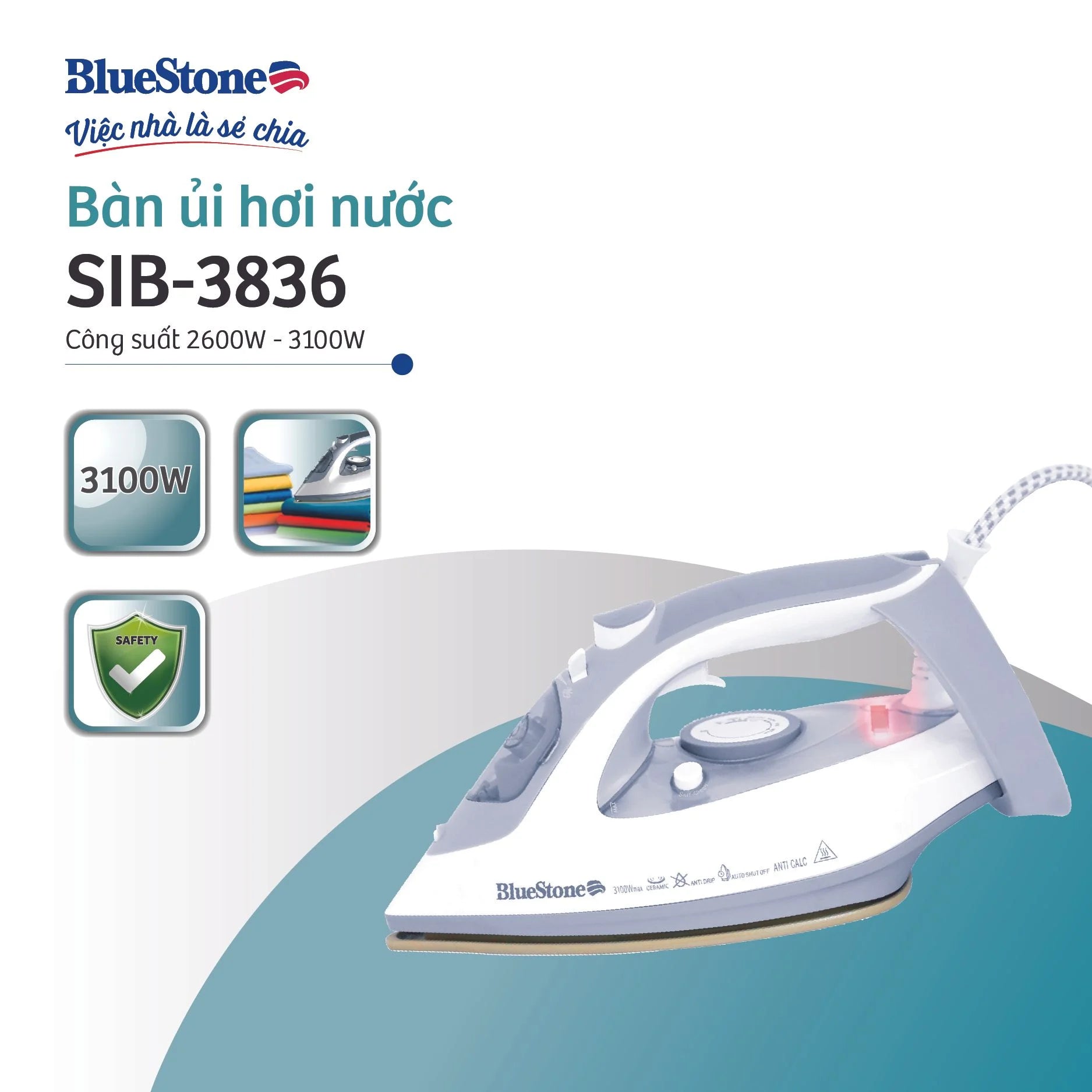 Bàn Ủi Hơi Nước BlueStone SIB-3836 0.32 Lít 2600-3100W